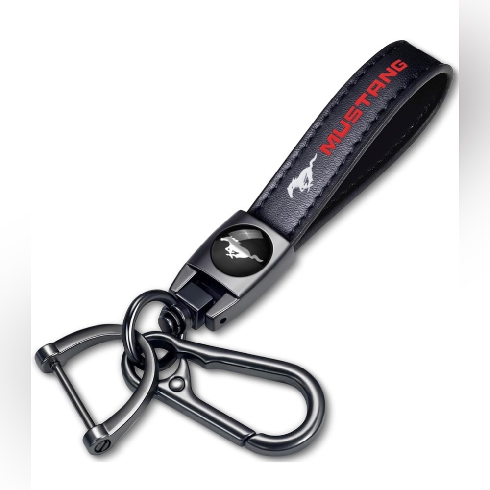 Genuine Leather Car Keychain, Car Key Ring Compatible with Mustang Series Black